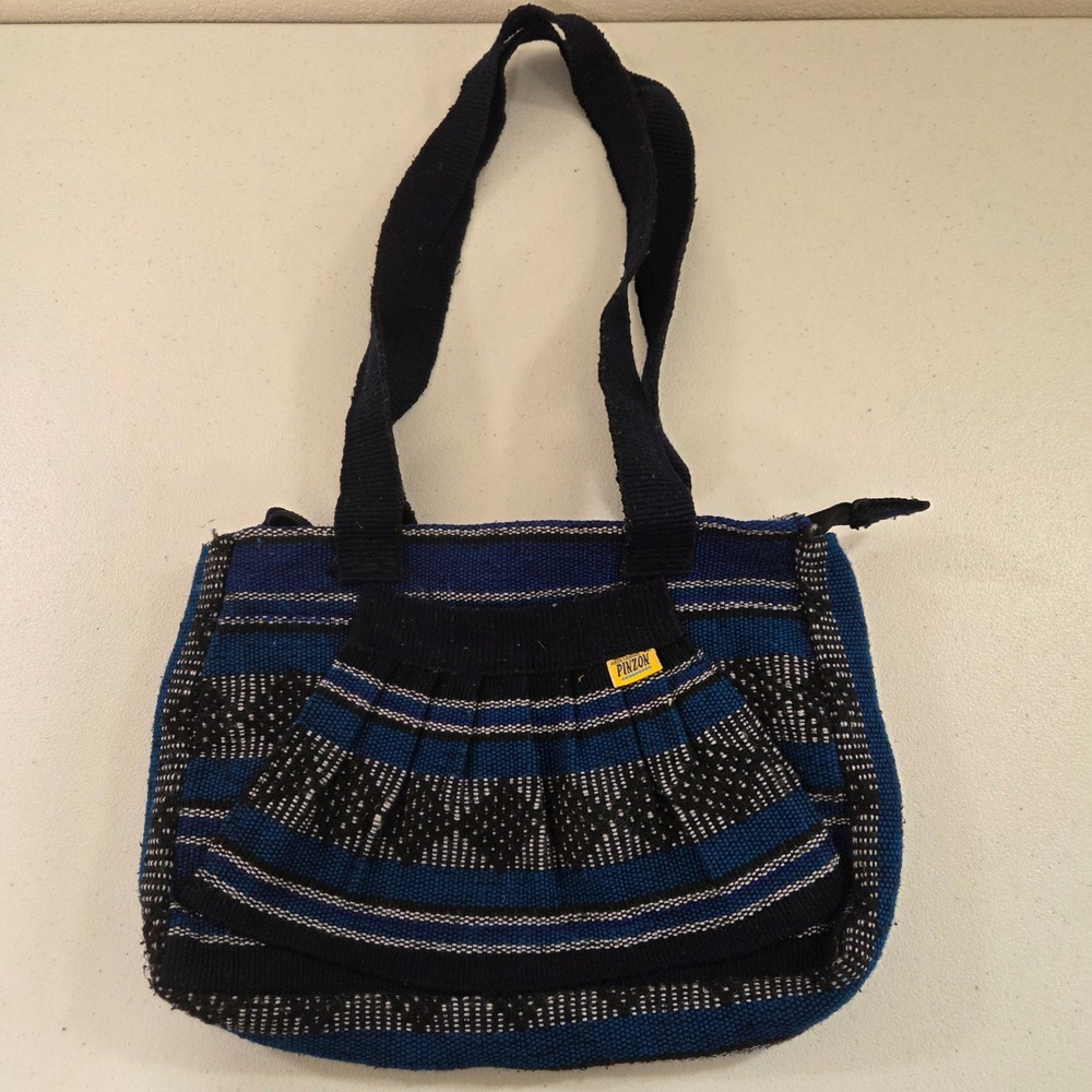Artesanias Pinzon Mexican Woven Baja Stripe Shoulder Bag Blue Black Zippered